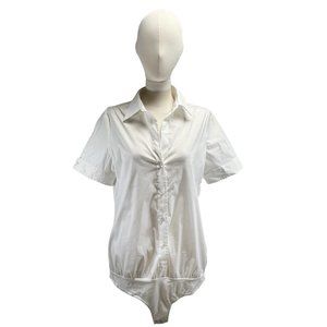 THEORY white cotton button-down short sleeve body-shirt sz L